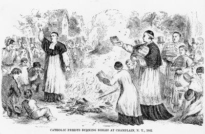 Katolske prester som brenner bibler i Champlain, New York, illustrasjon fra en anti-katolsk brosjyre, 1842 av American School