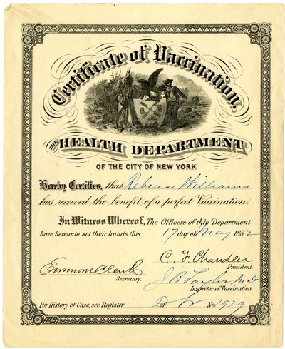 Vaksinasjonssertifikat, helsedepartementet i byen New York..., 1882 (gravering [sertifikat] fylt ut med blekk) av American School