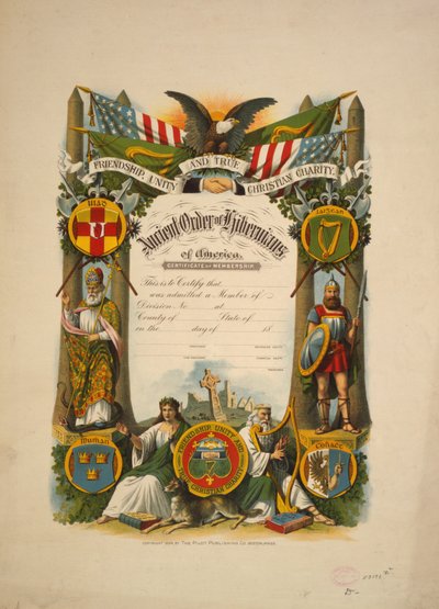 Sertifikat for medlemskap i Ancient Order of Hibernians of America, ca. 1894 (fargelitografi) av American School