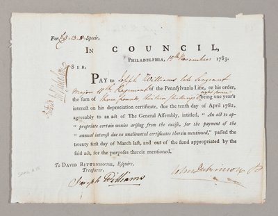 Sjekk for tre pund og tretten shilling til Joseph Williams, 13. november 1783 av American School