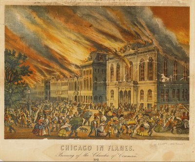 Chicago in Flames: Burning of the Chamber of Commerce (farge litho) av American School