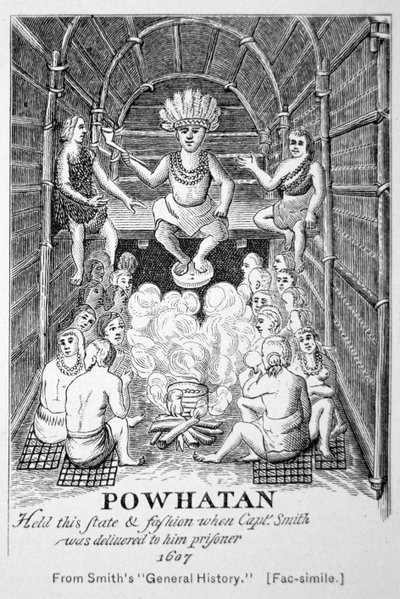 Chief Powhatan som han dukket opp i 1607, fra Smiths 'Generall Historie of Virginia, New England & the Summer Isles' av American School