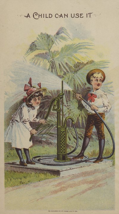 Barn som leker med en vannpumpe (chromolitho) av American School