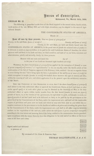 Rundskriv nr. 12, en blank søknad om fritak fra tjeneste i den konfødererte hæren, 24. mars 1864 av American School