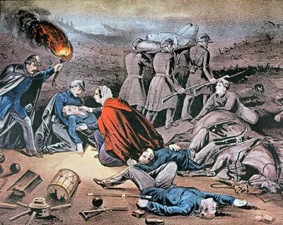 Clara Barton pleier såret under den amerikanske borgerkrigen (farge litho) av American School