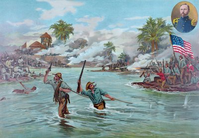 Oberst A.S. Funston and 20th Kansas Volunteers Crossing the River at Calumpit, 26. april 1899, pub. 1899 (fargemedlemmer) av American School