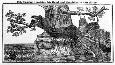 Oberst Davy Crockett bløtlegger hodet og skuldrene i Salt River, fra Crocketts Almanac, 1837 (avispapir) av American School