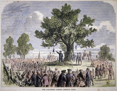 Kolonister under Liberty Tree (farge litho) av American School