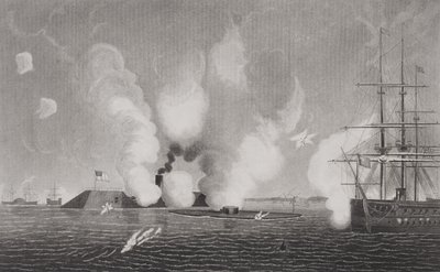 Kamp mellom det konfødererte CSS Virginia (til venstre) og Union USS Monitor (i midten) 9. mars 1862 ved Hampton Roads, Virginia (se 254609 for detaljer) av American School