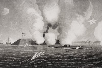 Kamp mellom det konfødererte CSS Virginia (til venstre) og Union USS Monitor (til høyre) 9. mars 1862 ved Hampton Roads, Virginia (detalj av 254608) av American School