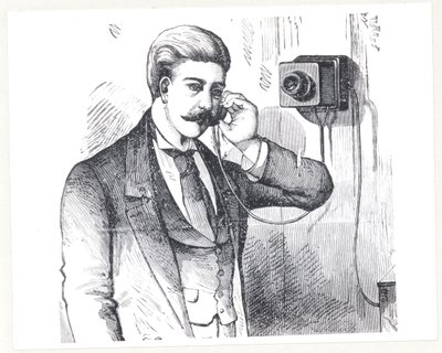Kondensatortelefon i bruk, fra The Electric Telephone av George Bartlett Prescott (f.1830), 1890 av American School