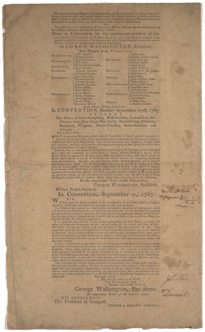 Grunnloven, første trykk, trykt av Dunlap & Claypoole, 17.–19. september 1787 (se også GLC 695933, GLC 695934 og GLC 695935) av American School