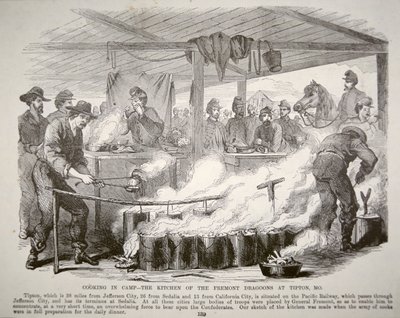 Matlaging i leiren - Kjøkkenet til Fremont Dragoons i Tipton, Missouri (gravering) av American School