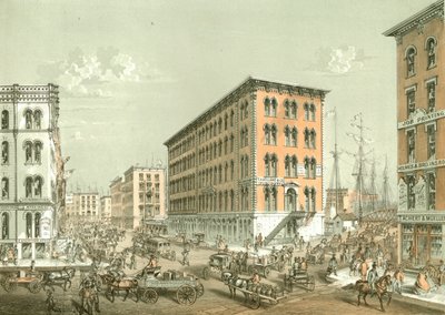 Corner of Clark and South Water Street, fra Chicago Illustrated, med litterære beskrivelser av James W. Sheahan, utgitt av Jevne & Almini, Chicago, 1866-67 av American School
