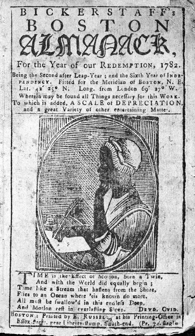 Forside av Bickerstaffs Boston Almanack med et portrett av Phillis Wheatley (1753-84) utgitt 1782 (trykk) av American School