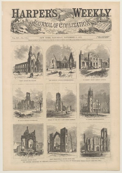 Cover av Harpers Weekly som viser scener av de ødelagte kirkene i Chicago, 11. november 1871 av American School
