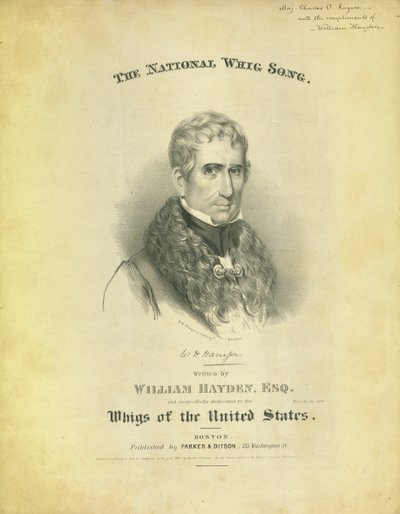 Omslag til arket The National Whig Song, av William Hayden, utgitt av Parker & Diston, Boston, 1840 av American School