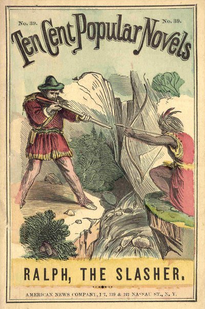 Omslag til boken "Ten cent popular novels - Ralph, the Slasher", nr. 39. American News Company. En indisk og en hvit duell. Brennende sd. tidlig på 1900-tallet. av American School