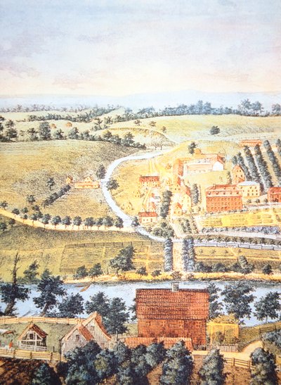 Dyrket jordbruksland i Pennsylvania i 1750 (farge litho) av American School