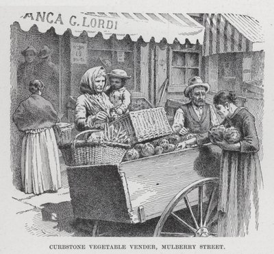Kantsteinsgrønnsaksforhandler, Mulberry Street (litho) av American School