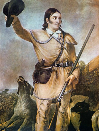 David (Davy) Crockett (1786-1836) med sine jakthunder i 1836 (farge litho) av American School