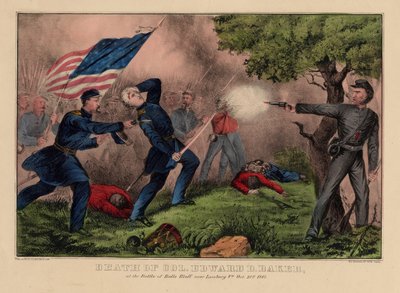 Oberst Edward D. Bakers død, i Battle of Balls Bluff nær Leesburg VA, 21. oktober 1861, pub. av Currier & Ives, ca. 1861 av American School