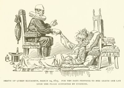 Dronning Elizabeths død, 24. mars 1603, i ti dager før hennes død lå hun på gulvet støttet av puter av American School