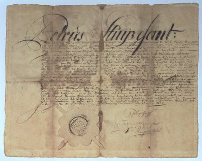 Skjøte signert av Peter Stuyvesant, generaldirektør for New Netherland, 15. mai 1664 av American School