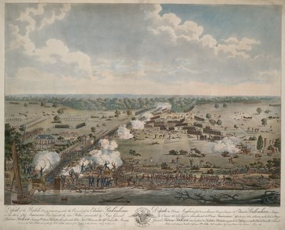 Nederlag til den britiske hæren (Battle of the New Orleans), pub. 1815 (håndfarget gravering) av American School