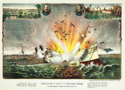 Ødeleggelse av det amerikanske slagskipet Maine i Havana havn 15. februar 1898, pub.1898 av American School
