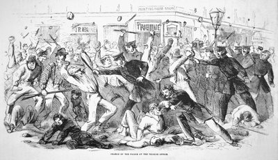 Utkast til opptøyer i New York, "Politi avviser mobben fra å storme Tribune-kontoret" av American School