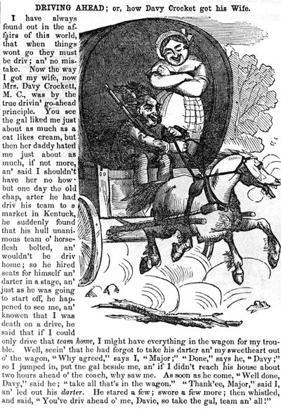 Driving Ahead, or How Davy Crockett got his Wife, fra Crocketts almanakk for 1856, utgitt, New York, 1855 av American School