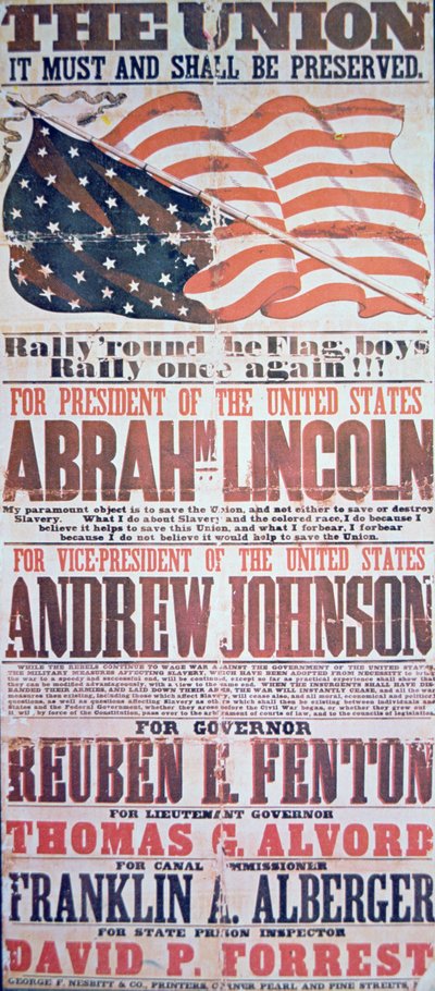 Valgkampanjeplakat for Abraham Lincoln (1809-65) for president og Andrew Johnson (1808-75) for visepresident av American School