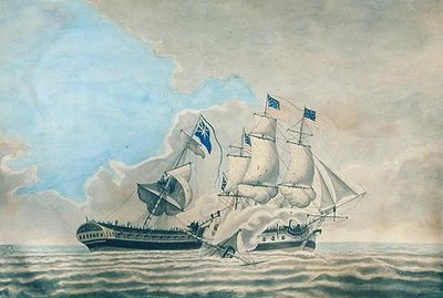 Engasjement mellom U.S. Fregate Constund og H.M.S. Guerriere (akvarell, gouache og blekk på papir) av American School