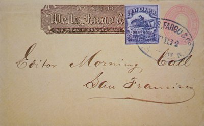 Konvolutt med Wells Fargo Pony Express-stempel festet (penn og blekk på papir) av American School
