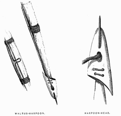 Eskimo Hunting Tools: Harpuner - Elisha Kent Kane, Arctic Explorations in the Years 1853-1855, vol. 1, s. 412, Philadelphia av American School