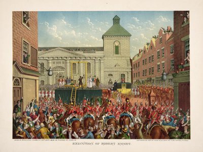 Henrettelse av Robert Emmet i Thomas Street, 20. september 1803, pub. 1803 (farge litho) av American School