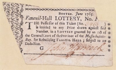 Faneuil-Hall Lottery Ticket, signert av John Hancock (1737-93) 1765 (blekk på papir) av American School