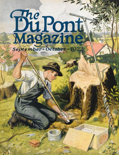 Bonde som planter DuPont-dynamitt, forsiden av DuPont Magazine, september-oktober 1922 av American School