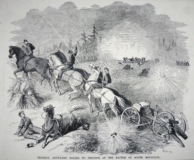 Føderalt artilleri inntar posisjon ved slaget ved South Mountain, september 1862 (gravering) av American School