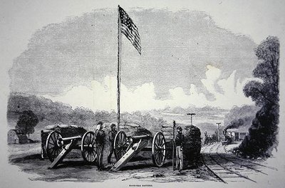 Føderalt sandposebatteri for å beskytte jernbanen under den amerikanske borgerkrigen (1861-65) (litho) av American School