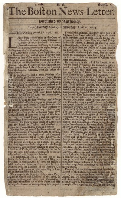Første utgave av Boston News-Letter, 1704 (avispapir) av American School
