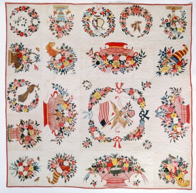 Flagg- og blomsterteppe, ca. 1860 (bomull) av American School