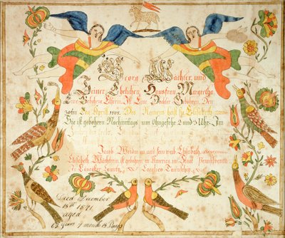 Fraktur til fødsels- og dåpsattesten for Elizabeth Wachter (1808–71) 1808 (blekk og akvarell på papir) av American School