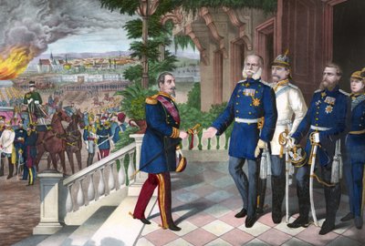 Franco-Prussian War 1870-1871: The surrender of Napoleon III after the battle of Sedan, 2 September 1870. Color line engraving, American, c1871 - War of 1870: Napoleon III (1808-1873) prisoner following the battle of Sedan meets William I of Prussia (1797- av American School