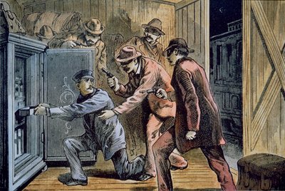 Frank og Jesse James Gang raner ekspressbilen til et tog i 1879 (farge litho) av American School