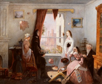 Fredericksburg-familien i et krigsherjet hus (olje på plate) av American School