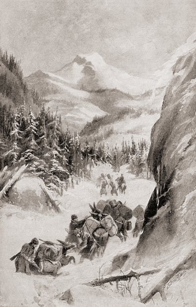 Fremont i Rocky Mountains, Nord-Amerika under sin fjerde ekspedisjon i 1848, fra 'The History of Our Country', utgitt 1905 (litho) av American School