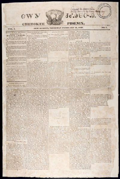 Forside fra Cherokee Phoenix, 21. februar 1828 (trykk) av American School