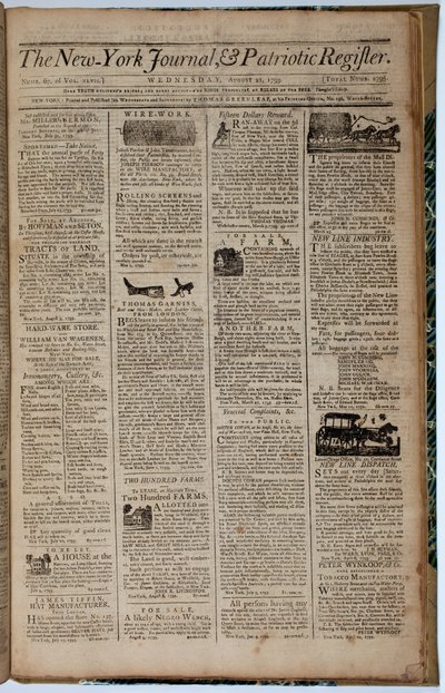 Forsiden av New York Journal and Patriot Register, 21. august 1793 av American School